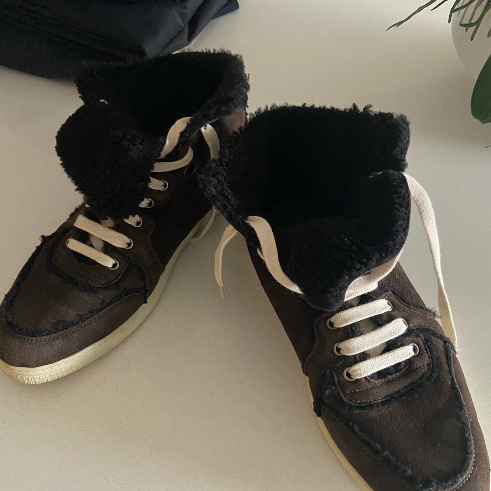 Gucci Brown Shearling high top sneakers.  No box.